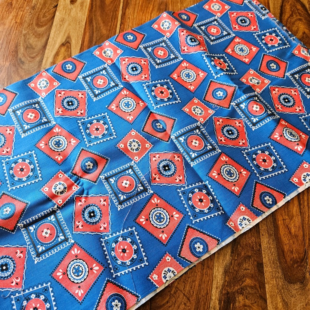 Vintage 1970s JCPenney Fabric Blue Red Geometric Stamp‎ Floral Print 4 Yards